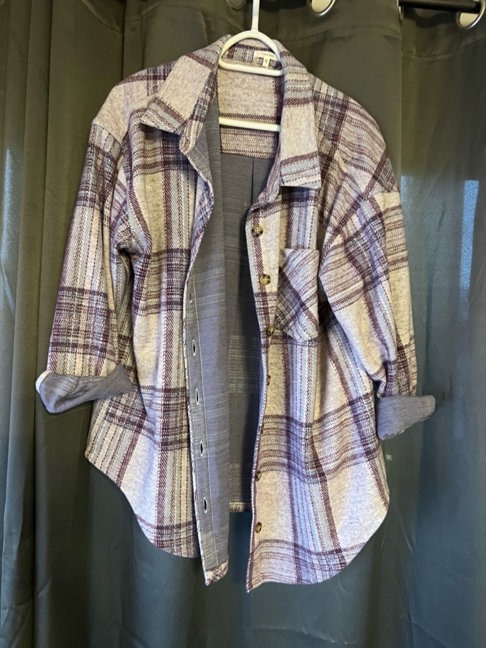 Maurices Plaid Button-Down Shirt Jacket in Lavender and Gray
